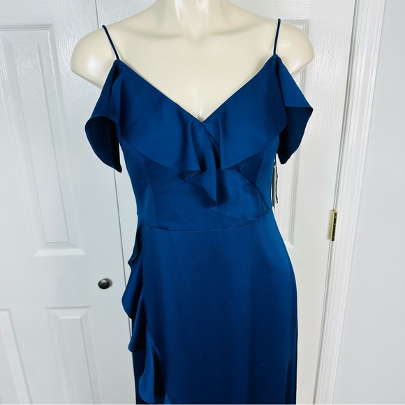 AIDAN MATTOX off the shoulder flounce GOWN navy BLUE wedding prom gown DRESS 6 - Picture 2 of 14